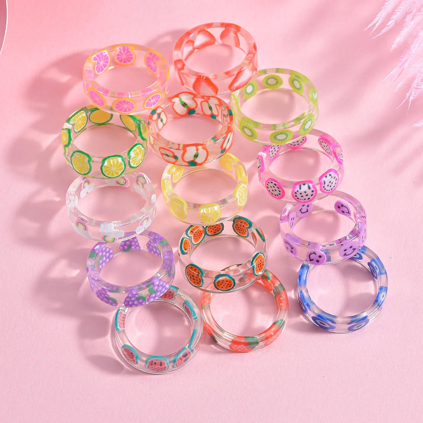 Transparent Acrylic Ring for Women Colorful Sweet Resin Round Fruit Rings for Women Girls Geometric Summer Fashion Jewelry
