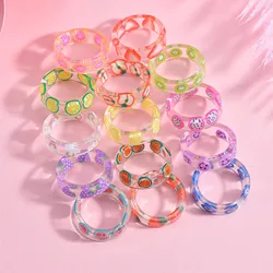 Transparent Acrylic Ring for Women Colorful Sweet Resin Round Fruit Rings for Women Girls Geometric Summer Fashion Jewelry