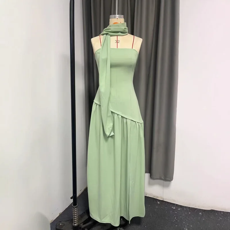 Abito lungo estivo da donna con spacco irregolare, elegante, a contrasto, con nastro sottile e lacci sul retro, senza spalline, novità