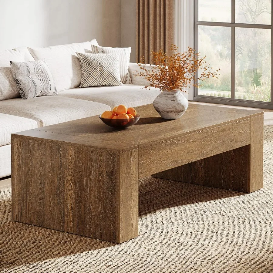Rectangular coffee table for living room use, solid wood in weathered gray finish, sturdy farmhouse-style base, vintage aesthet