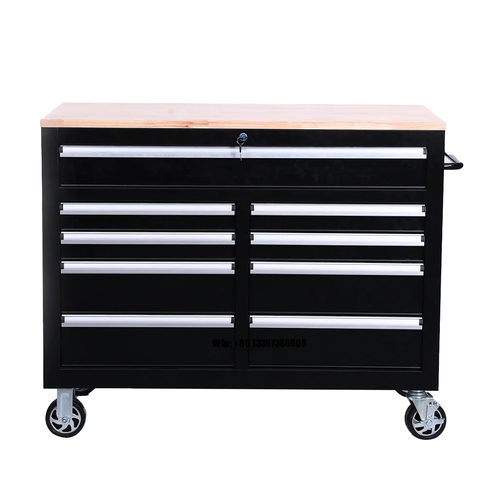 

Modern Design Tool Chest on Wheels Workshop Garage Storage Metal Tool Cabinet Workbench with Handle and Wood Desktop