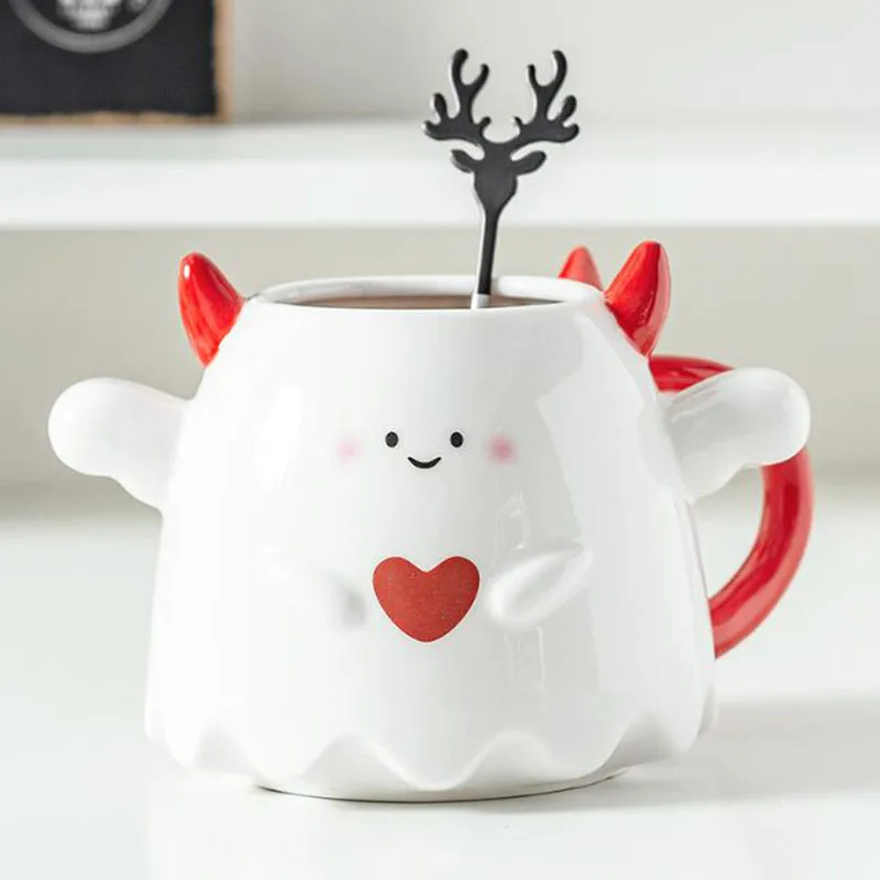 Creative Porcelain Halloween Devil Coffee Mug Breakfast Milk Mug with Lid and A Spoon Water Cup Kitchen Drinkware