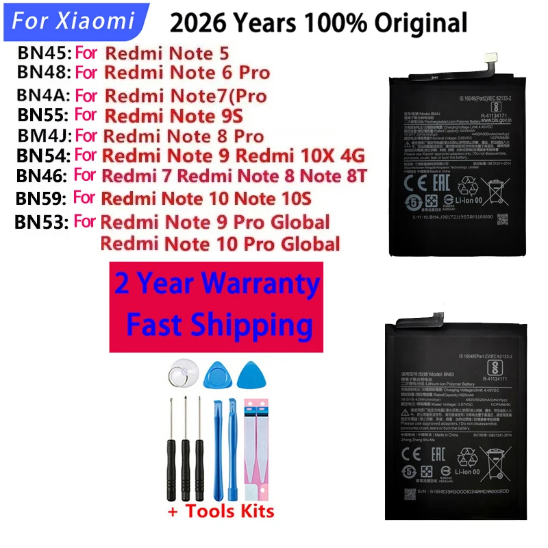 2026 Years BN59 BM4J BN4A BN53 BN55 Battery For Xiaomi Redmi Note 7 10X Note9 Note10 Note 5 6 8 8T 9 9S 10 10S Pro Batteries