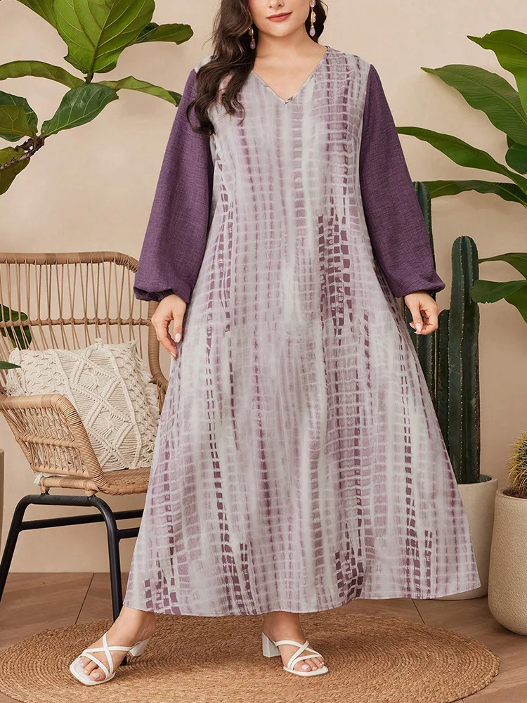 Gibsie plus size férias estilo tie dye abaya vestido feminino 2025 novo outono com decote em v lanterna manga solta maxi vestidos longos femininos
