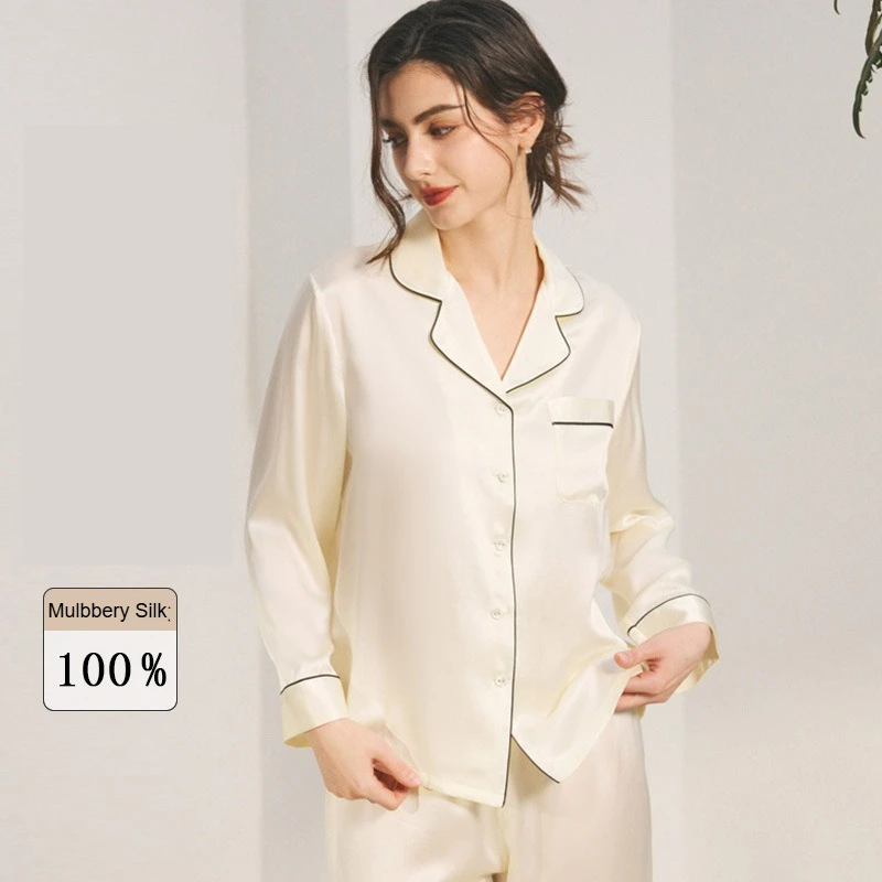 Women's Summer 100%Mulberry Silk Pajama Set Long Sleeve Pants Lapel Trousers Top Loungewear Suit XXL size Spring Casual Cozy