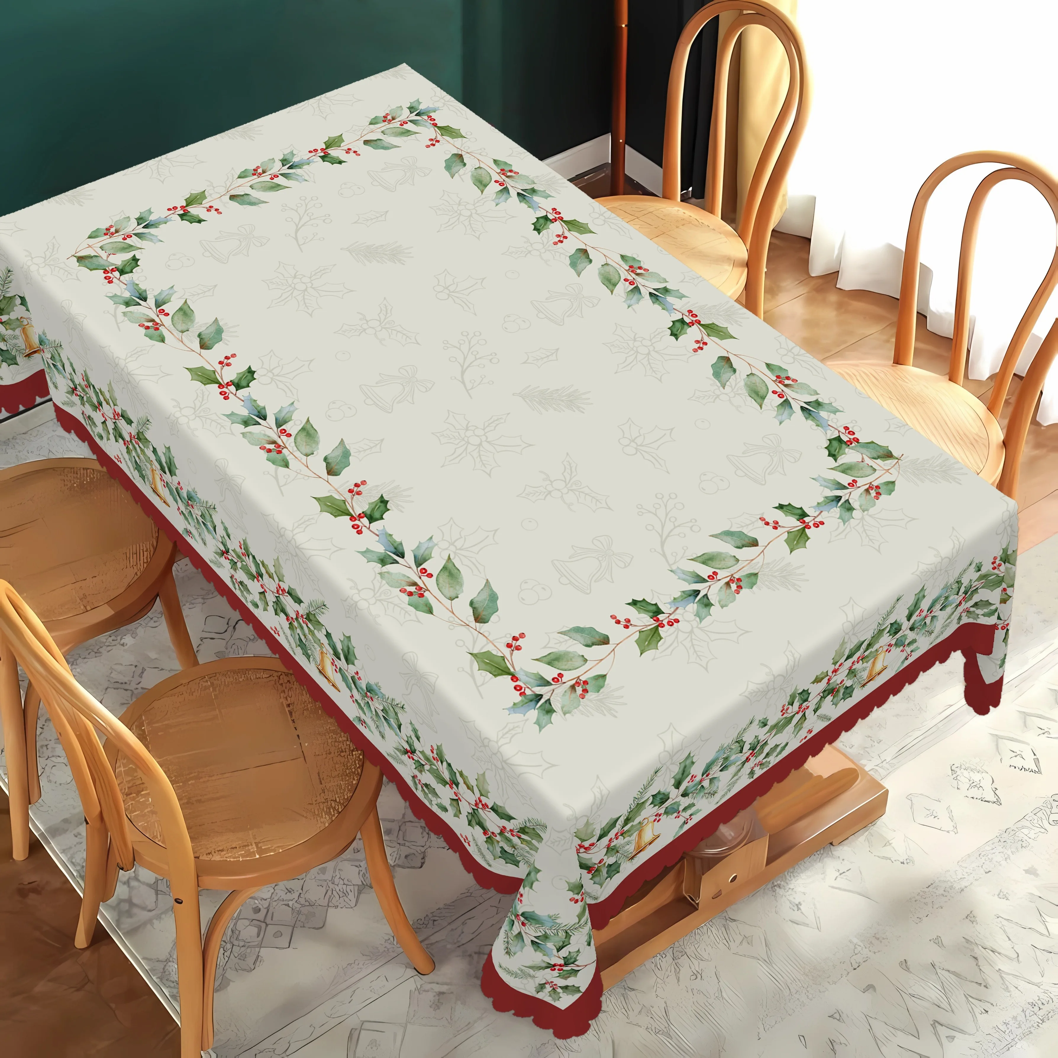 Merry Christmas Holly Berries Waterproof Tablecloth for Table Decor Winter Xmas Kitchen Dining Table Coth Christmas Decorations