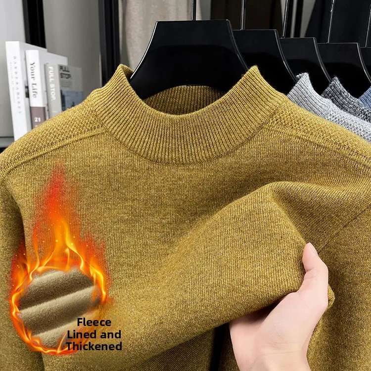 

Мужской вязаный шерстяной свитер на флисовой подкладке, теплый, свободный крой, с высоким воротником, мягкий, из полиэстера, повседневный