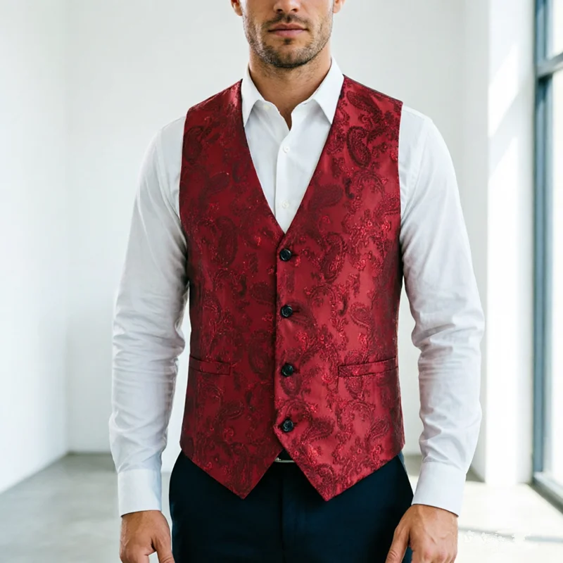

2026 New Red Jacquard Suit Vest, Men's Slim Fit Top, Fashion Male Wedding, Banquet, Party Dress, Thin Waistcoat