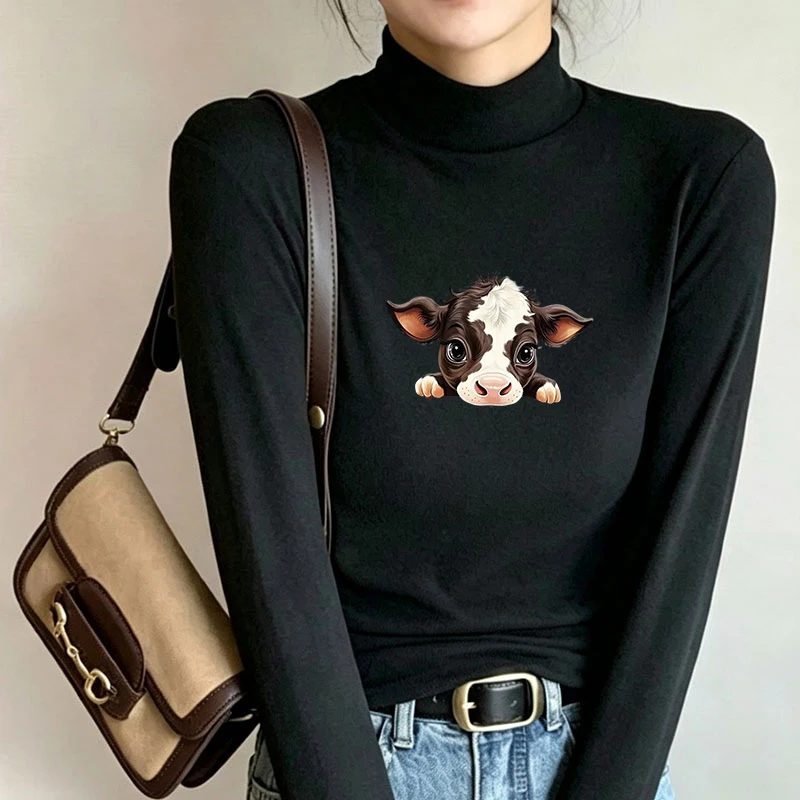 2026 New Autumn Winter Thermal Brushed Fleece Long Sleeve Graphic Print T shirt Blouses Female Warm Shirt Women Top