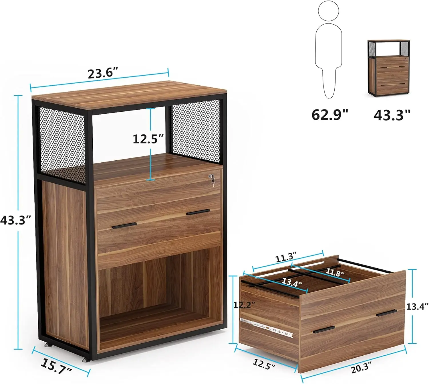 2 Drawer Lateral File Cabinet with Lock, Letter/Legal / A4 Size, Large Rustic Filing Cabinet Printer Stand with Metal Wire