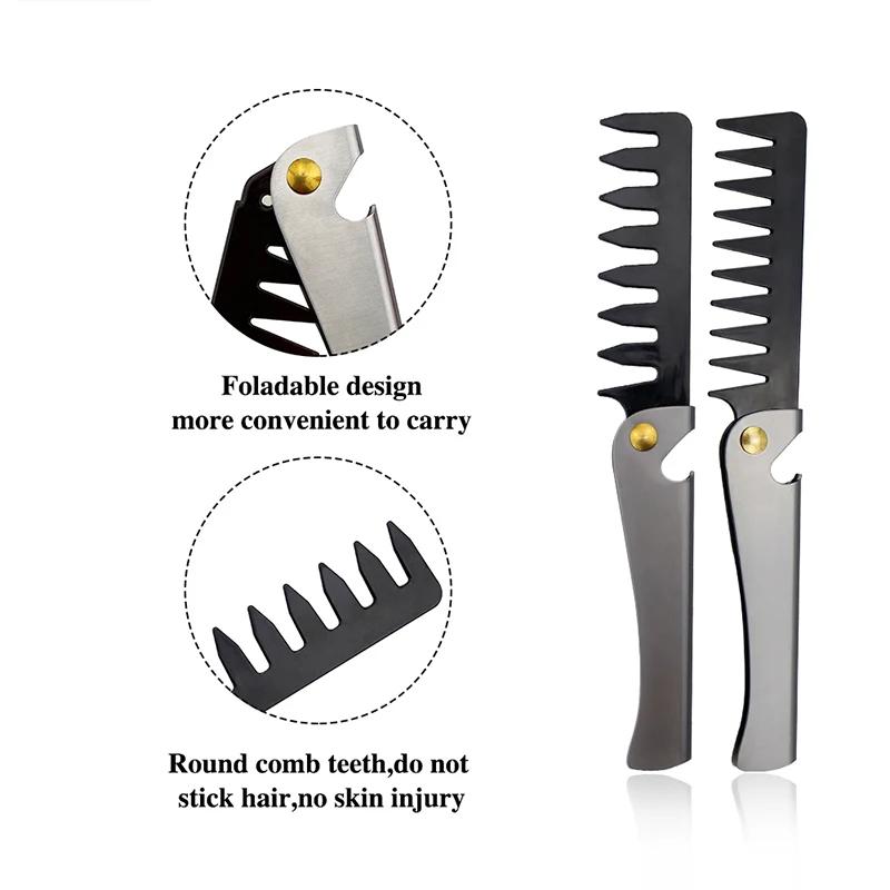 Men Retro Oil Head Comb Portable Folding Stainless Steel Comb Hairdressing Styling Round Teeth Comb Texture Modeling Steel Comb