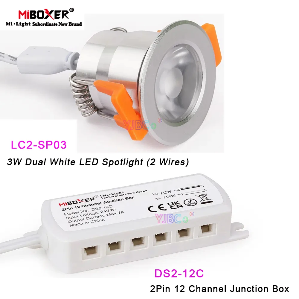 

Miboxer 24V 3W Dual White LED Spotlight (2 Wires) Indoor Lamp Dim brightness ;2Pin 12 Channel Junction Box 12CH dupont connector