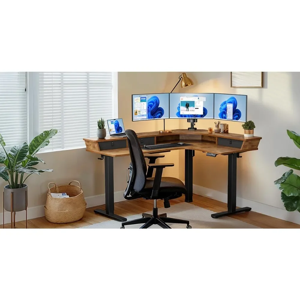 65″ L Shaped Standing Desk for Gaming, [3 Drawers & 2 Cable Management Trays] Corner Stand up Desk w/Monitor Shelf Height