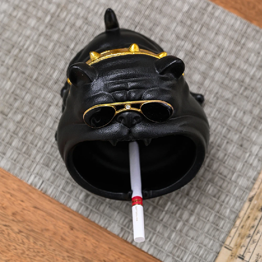 Outdoor Ashtray for Cigarette, Decorative Fancy Ashtrays of Black Bully Dog Design, Ceramic Desktop Ash Holder for Home Office