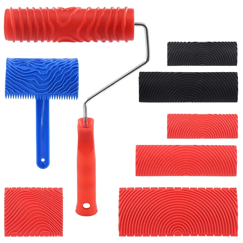 

8 Pcs Wood Graining Painting Tool Set, Rubber Empaistic Grain Pattern Roller With Handle, For DIY Wall Room Decoration