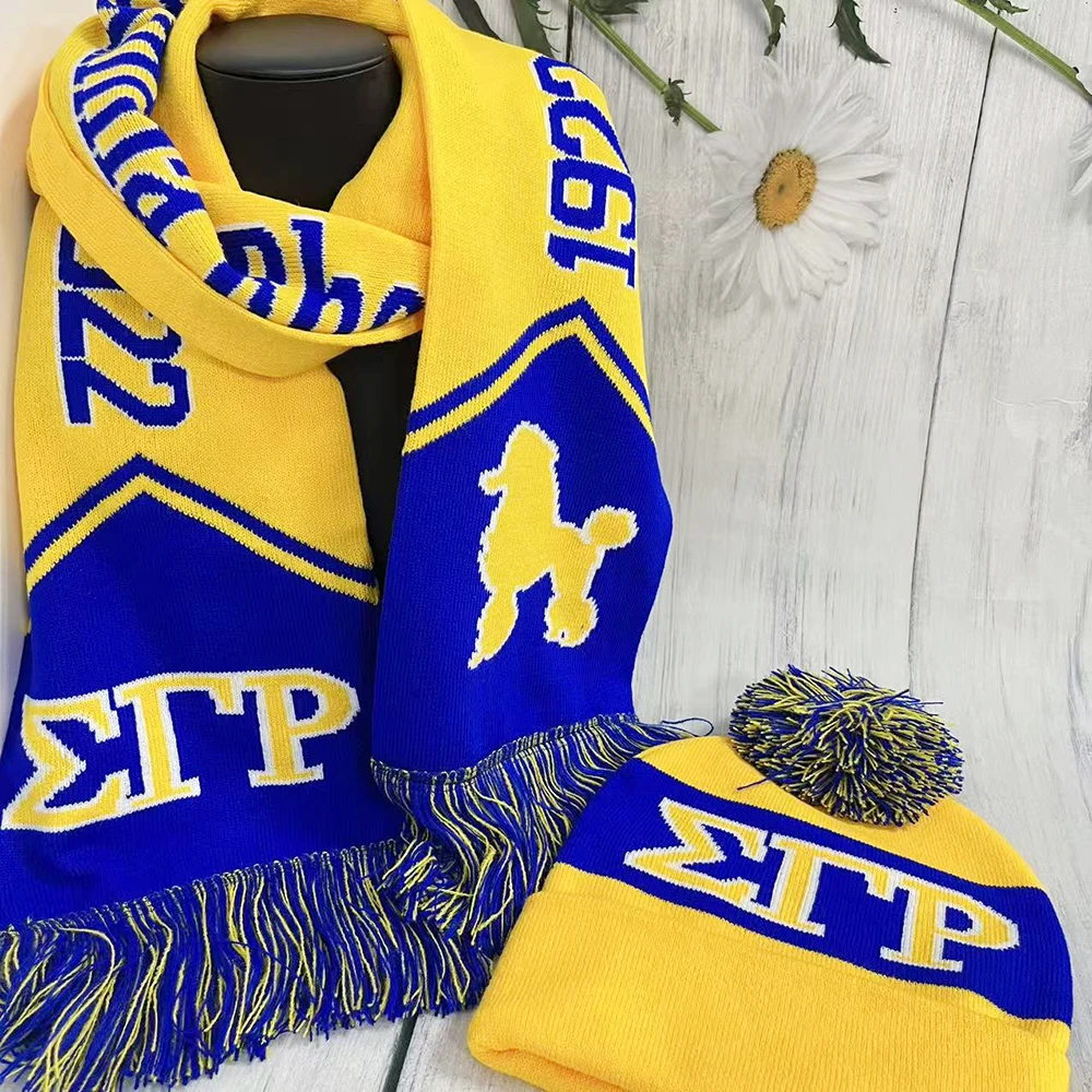 طقم وشاح وقبعة منسوج باللونين الأصفر والأزرق للشتاء من SGR