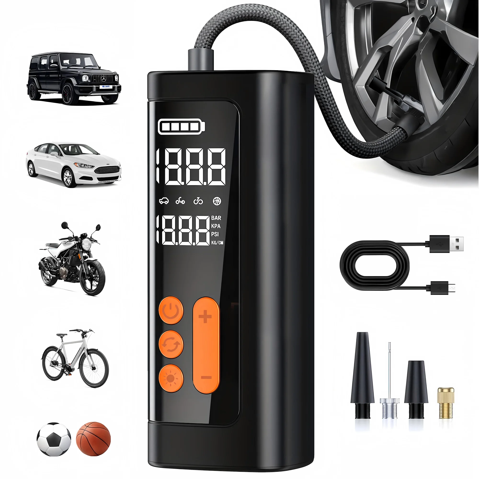 

Беспроводной автомобильный насос для накачивания шин, портативный воздушный компрессор, электрический воздушный насос 150 фунтов на квадратный дюйм для мотоцикла, велосипеда, инструмент для накачивания шин, шарики