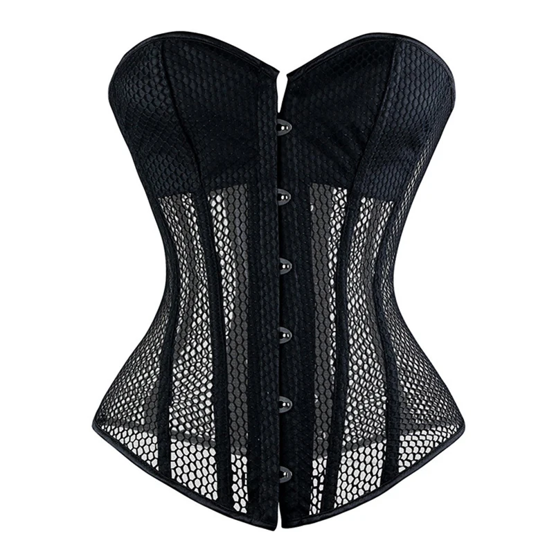 

Women Corset Vintage Black Breathable Shapwear Costumes Sexy Transparent Mesh Corselet Hollow Out Corset Bustier Top Lingerie