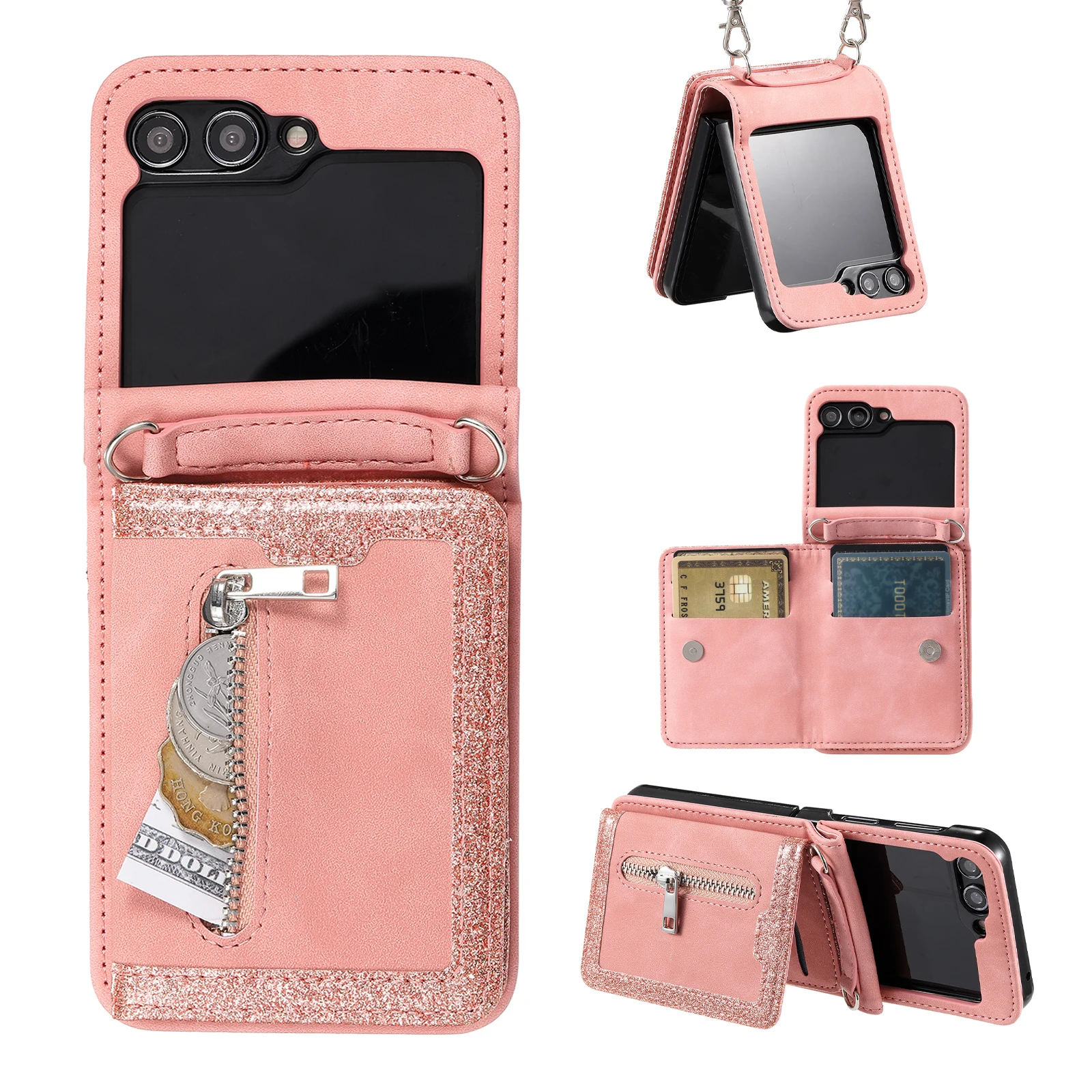 

Crossbody Leather Zipper Cards Solt Wallet Case For Samsung Galaxy Z Flip 5 4 3 5G Flip5 Flip4 Long Lanyard Bag Coin Purse Cover