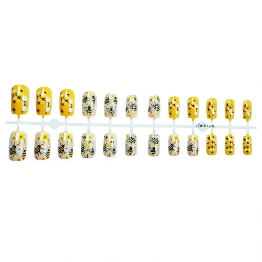 24 Pack Yellow Press on Nails Medium Square 3D Relief Design Spring Acrylic Nail Art Kit Full Cover Cute Flower False Nails for Women Manicure - Detail 1