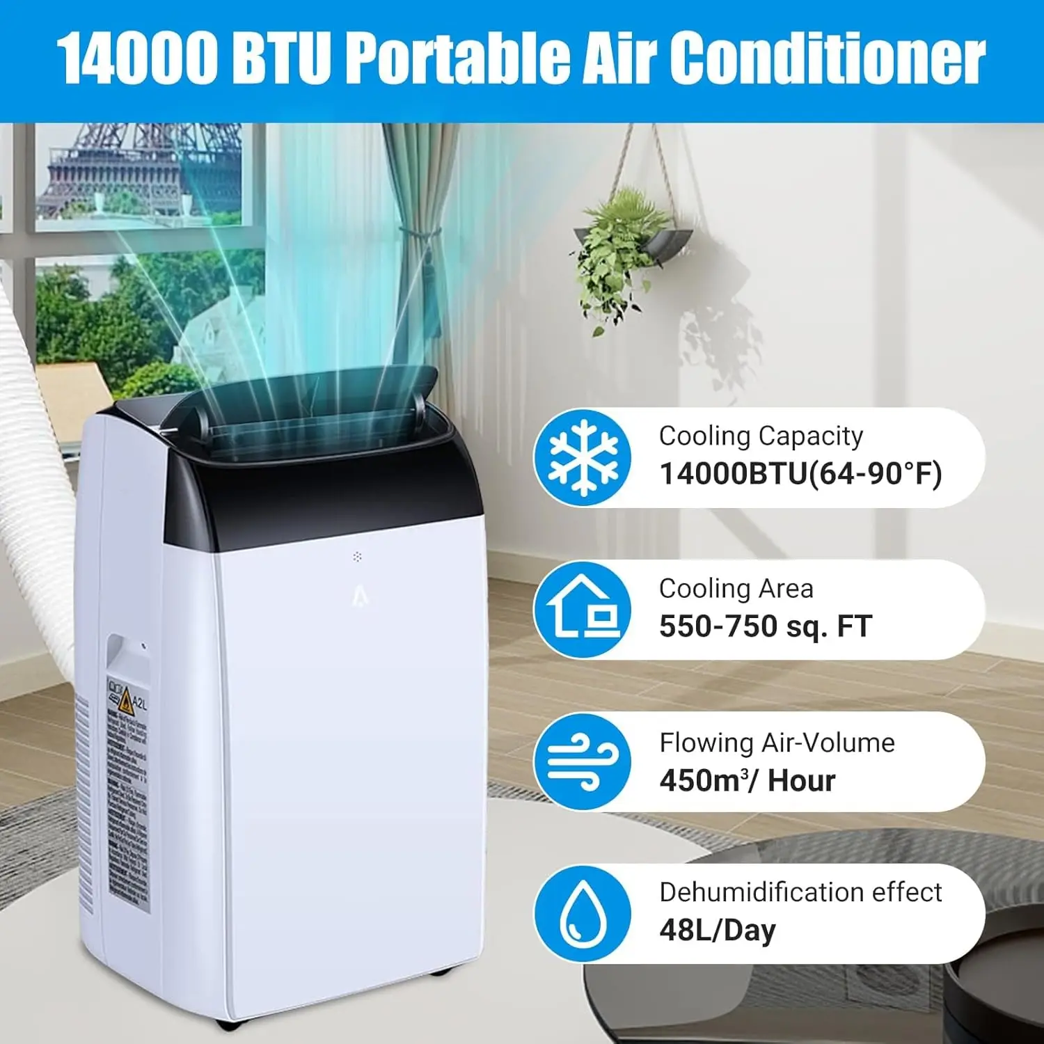 Garvee 14000 BTU Portable Air Conditioner with Auto Swing, 3-in-1 Quiet Mobile AC Unit with Remote Control & Installation Kits for Large Rooms Up to 750 Sq.Ft