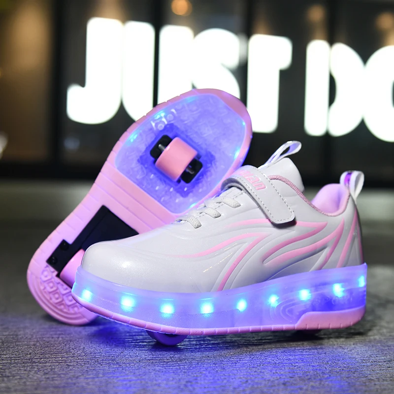 Led Licht Rolschaats Schoenen Jongens Meisjes Schoen Usb Opladen Zwart Twee Wielen Lichtgevende Sneakers Voor Kinderen Kinderen Led Schoenen