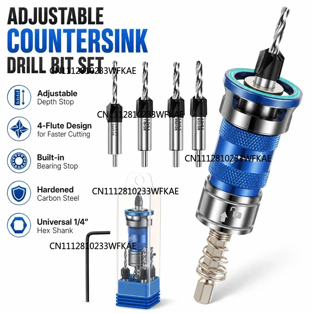 Woodworking Countersink Drill Bit Adjustable Depth Stop 4 Flute 1/4 Inch Hex Shank Pilot Hole Tool for Cabinet DIY Furniture