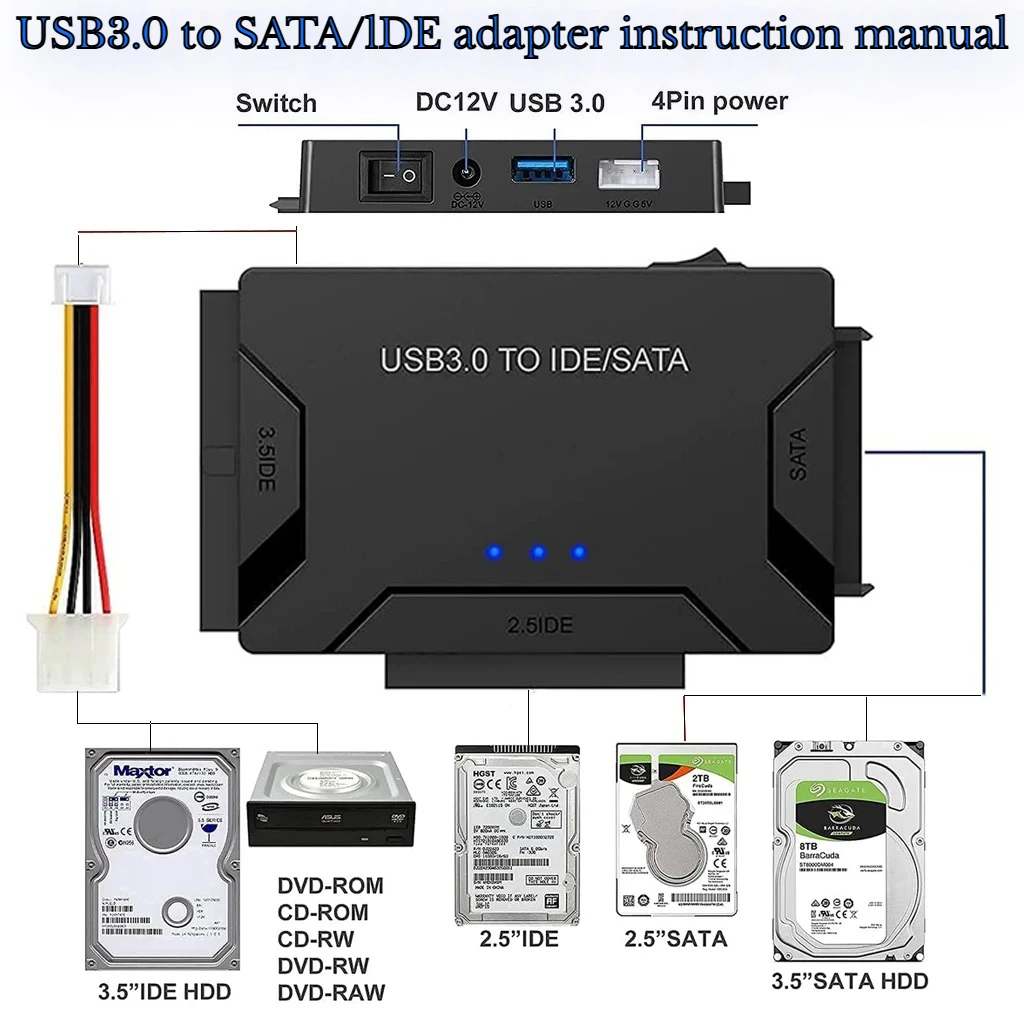 3 in 1 USB 3.0 to SATA IDE Hard Disk Adapter Converter Cable for 2.5/3.5 Inch HDD CD DVD ROM CD-RW Combo USB SATA IDE Adapter