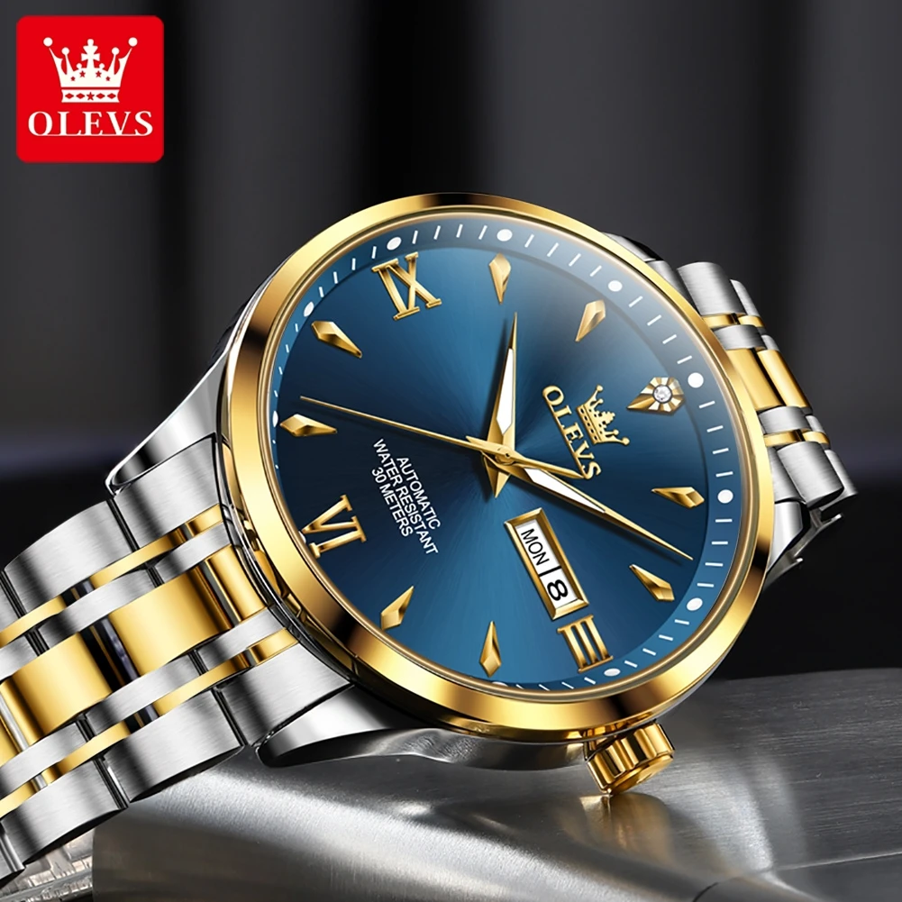 OLEVS New Business Mens Automatic Mechanical Watch Stainless Steel Waterproof Luminous Week Date Watch for Men Blue Wristwatch