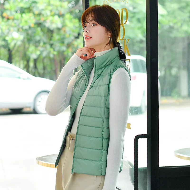 Autumn Winter Extra Light Down Vest Women Stand Collar White Duck Down Sleeveless Puffer Inner Liner Down Outerwear VT-400