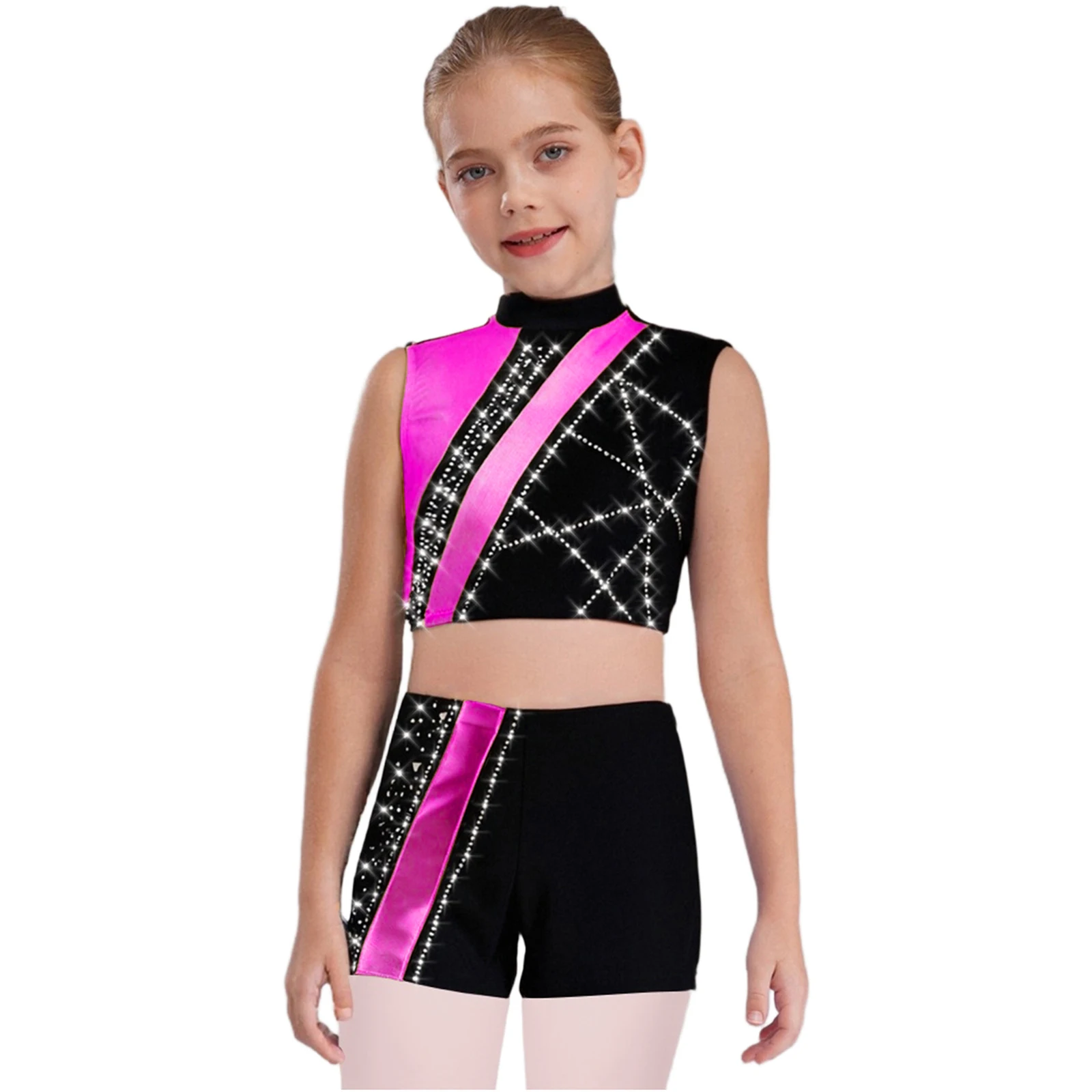 Kids Girls Ballet Gymnastics Sets Dance Performance Costume Sleeveless Rhinestones Metallic Color Block Crop Top with Shorts