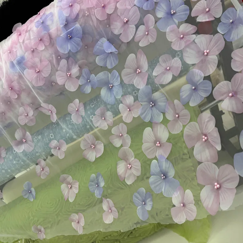 

Gradient Color 3D Floral Mesh Fabric With Pearls Dreamy Tulle For Evening Dress Stage Costume Wedding Decoration DIY Embroidered
