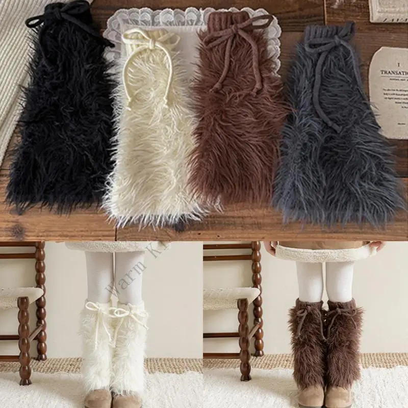 

1 Pair Autumn Winter Long Plush JK Children Girls Boot Cuffs Leg Warmers Harajuku Solid Color Bowknot Furry Warm Long Socks
