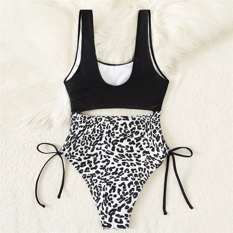 Leopard Print Swimwear One Piece Swimsuit Women 2024 Cut Out Monokini Drawstring Lace-up Bathing Suit High Cut Swimming Wear