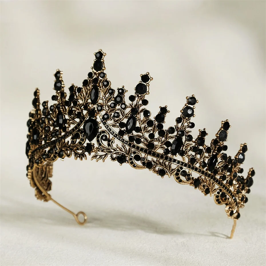 Efily Baroque Vintage Black Rhinestone Crown Tiara Crystal Wedding Hair Accessories Women Headband Queen Princess Head Jewelry