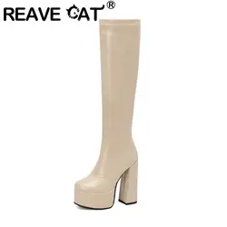 REAVE CAT 2024 stivali alla coscia da donna Sexy punta tonda tacchi ultraalti 12.5cm Platform Hill Size 45 46 Fashion Party Bota