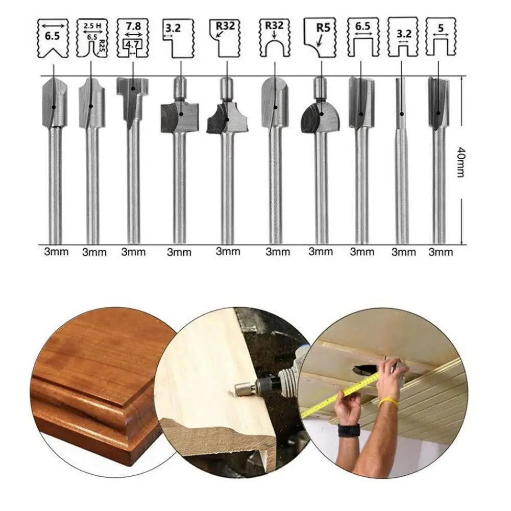 10pcs Metal Multi-function HSS Router Drill Bit Rotary Tool Set Woodworking Carving Drill For Wood Acrylic PVC Plastic