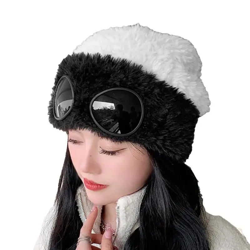 Fluffy Winter Hat Women Warm Knitted Plush Hat Ear Protection Korean Fashion Hat with Goggles Winter Beanie Hat for Skiing Ice