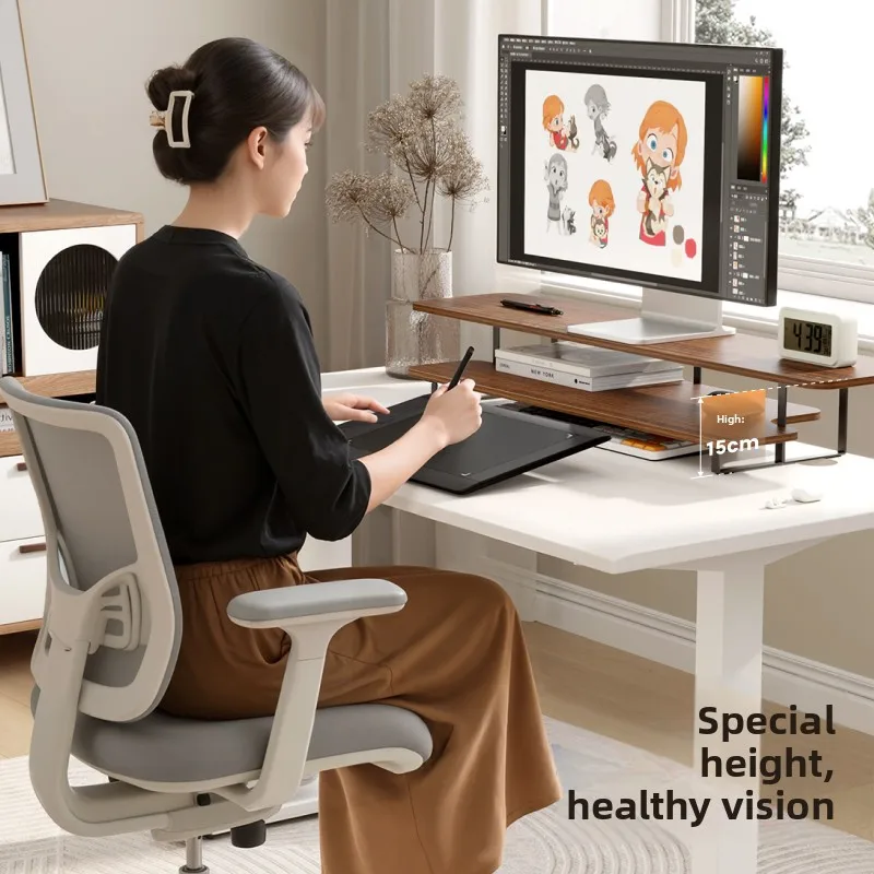 

Monitor Riser with Wood Grain Finish, Desktop Computer Stand, Double-Layer Storage Shelf, Laptop Holder, Office Desk Organizer