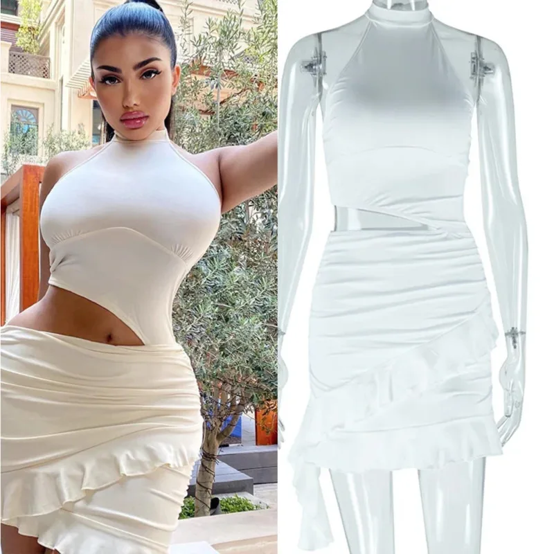 

2025 Women’s Sleeveless High Neck Dress Chic Sexy Bodycon Fit Solid Color Casual Dress With Ruffled Hem Elegant Party Mini Dress