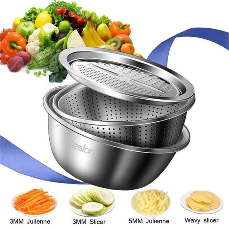 

3 in 1 Vegetable Slicer Cutter Multifunctional Stainless Steel Basin Vegetable Slicer Potato Graters Cheese Grater Cutter Drain