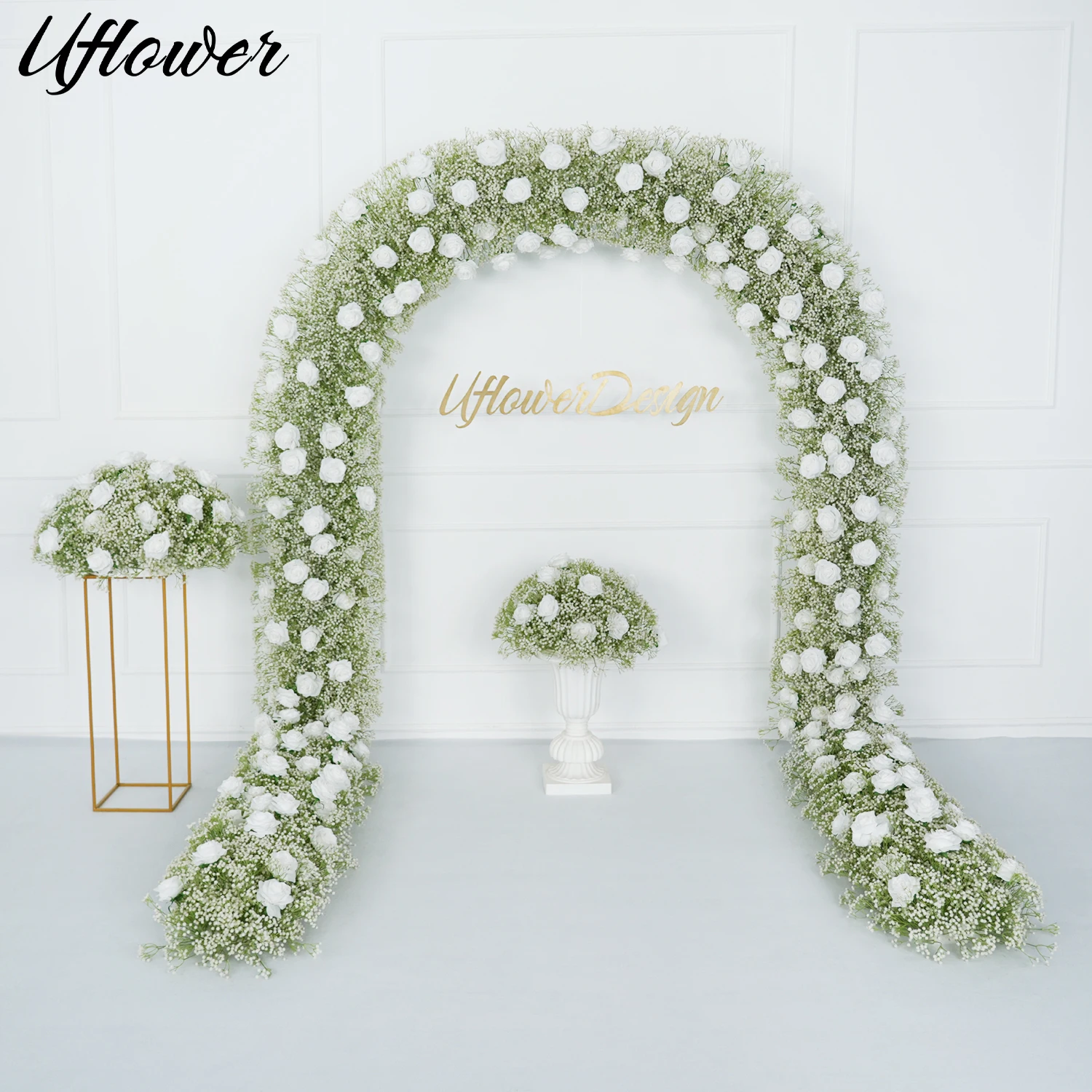 Uflower Luxury White Rose Wedding 5D Floral Arrangement Event Table Centerpieces Ball Gypsophila Flower Wall Road Lead Flower