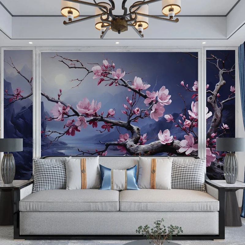 

Custom 3D Mural Canvas Pink Blossom Flowers Night Scenery Painting TV Background Wallpaper for Living Room Bedroom Wall Decor