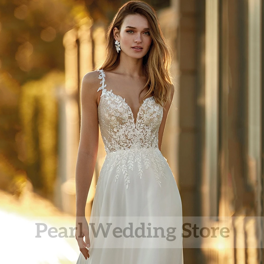 Spalline per Spaghetti abito da sposa Sexy con scollo a v profondo senza maniche Applique a-line lunghezza del pavimento abiti da sposa romantici in Chiffon senza schienale