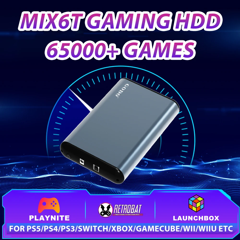 

MIX6T Game Hard Drive With 65000+Games 3 System In 1 Plug&Play Game HDD For PS5/PS4/PS3/Switch/XBOX/Gamecube/Wii For Windows PC