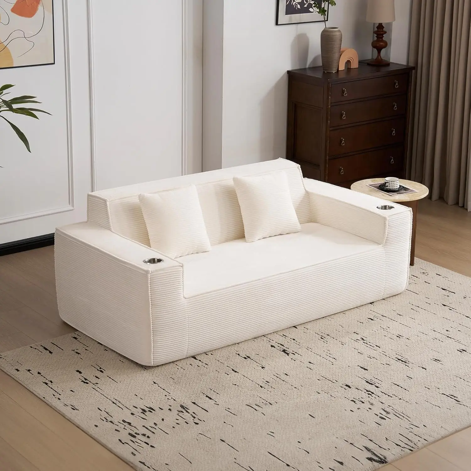 Sofá loveseat em nuvem de 75 '', sofá desossado com suporte para copos, sem necessidade de montagem, confortável, assento profundo, sofá de veludo