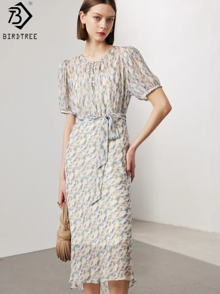 Birdtree, Women 100% Real Silk Floral Dresses, Georgette O Neck, Printed Sashes Dress, Two-piece Set, 2026 Spring New D61821JF