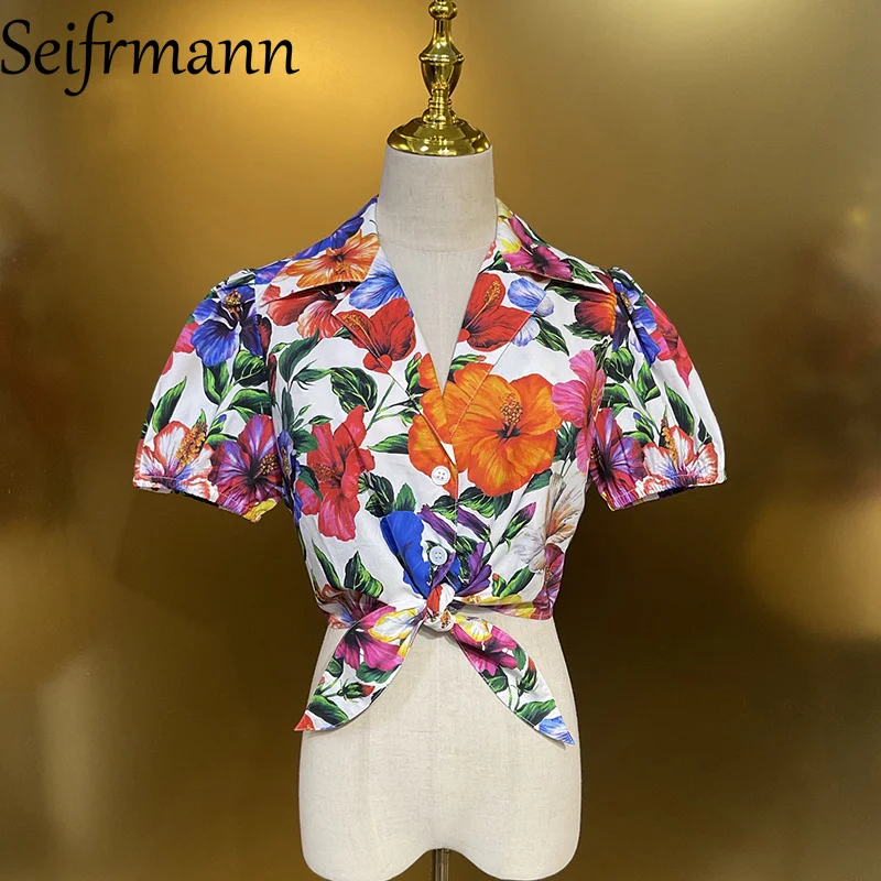 Seifrmann Casual printed cotton top lapel short-sleeved shirt 2026 summer fashionable women's new style