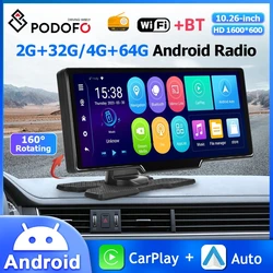 Podofo 10.26'' Android Car Monitor Carplay Dashboard Android Auto 4+64G 8Core Bluetooth Dash Camera WIFI GPS Smart Screen Player