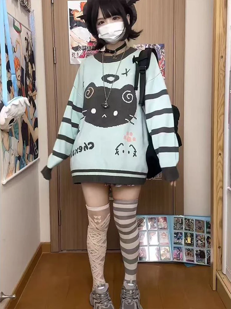 การ์ตูนญี่ปุ่นพิมพ์เสื้อกันหนาวผู้หญิง Kawaii Jacquard ลมขี้เกียจถัก Pullovers ฤดูใบไม้ร่วงฤดูหนาวหลวมสบายๆน่ารักหวานเสื้อใหม่